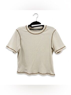Frame Cream Ribbed Short-Sleeve Baby Tee Top with Tan Contrast